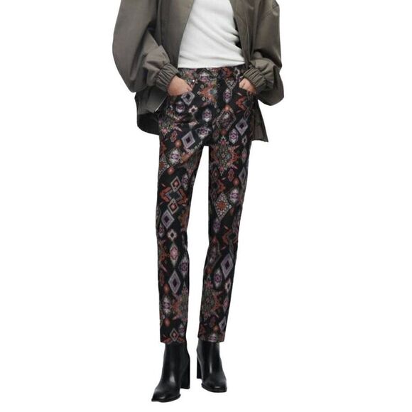 Zara Slim Printed Pants Women's Size Medium Straight Leg Side Hem Slits Multicol - Picture 2 of 15